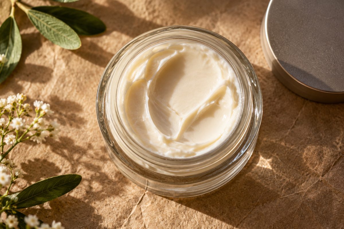 Restorative lipid face cream texture in heavy glass cosmetic packaging