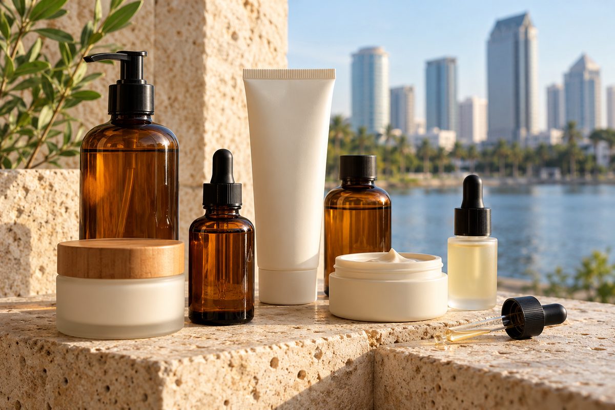 AuraGlow facial care product collection including cleansers, toners, and treatment solutions