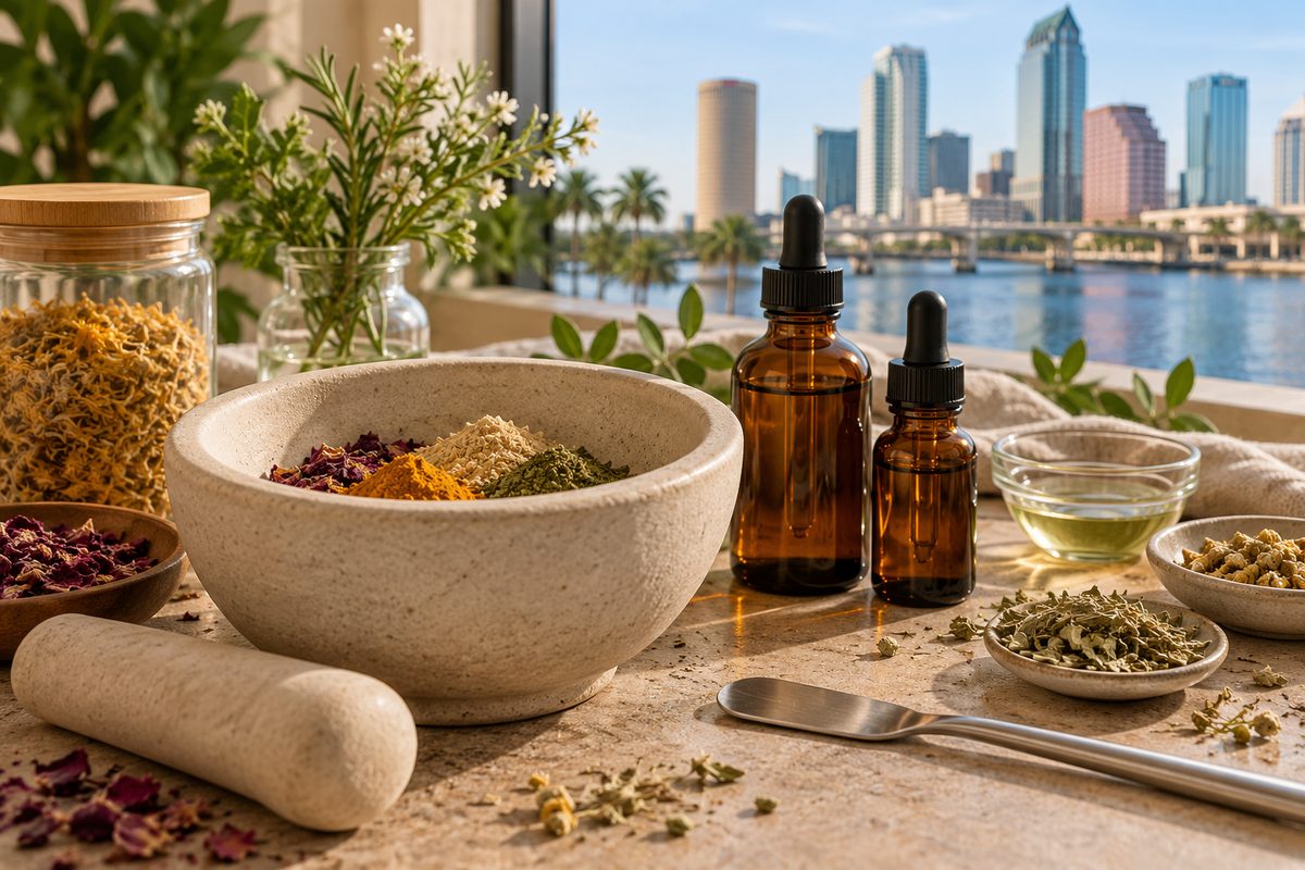 AuraGlow cosmetic formulation laboratory bench with amber dropper vials and active ingredients in Tampa