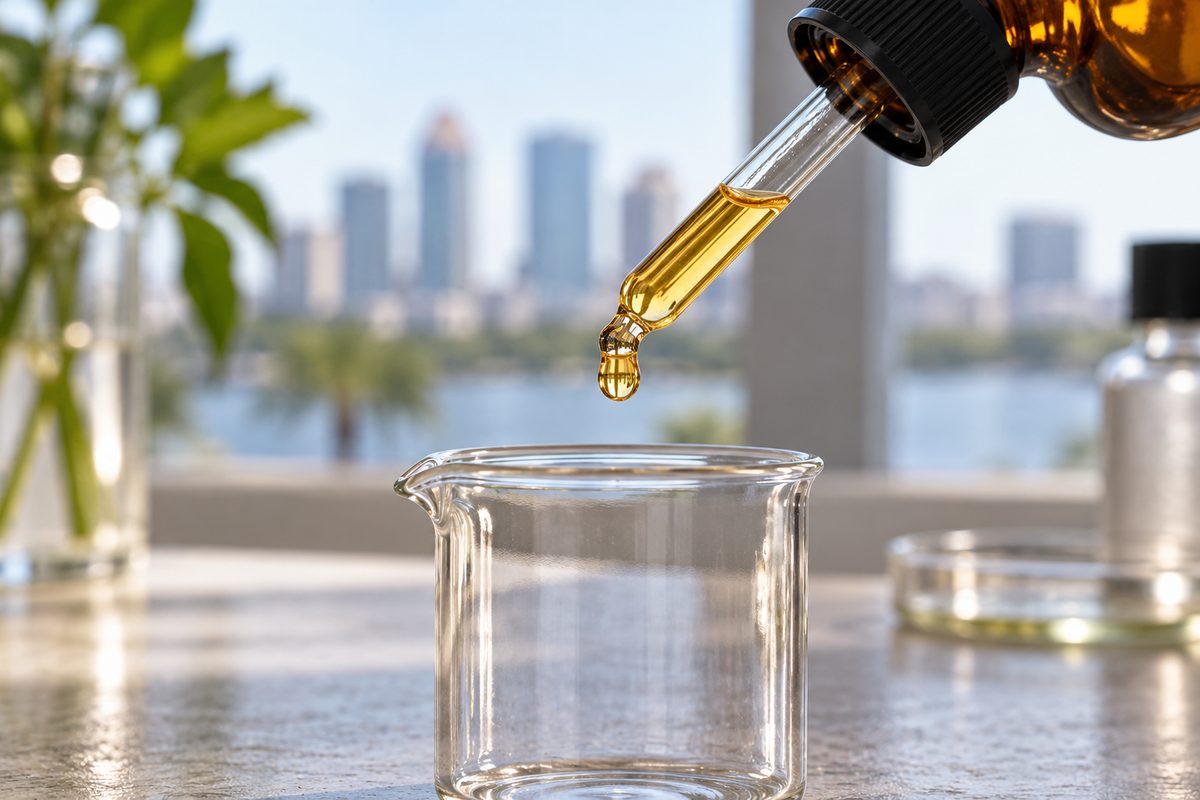 Amber dropper bottle dispensing high-potency active cosmetic serum
